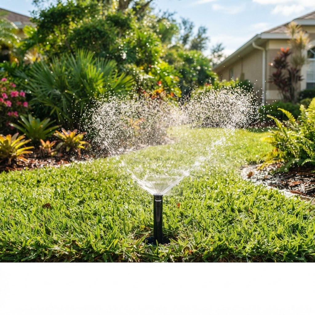 Lawn irrigation sprinkler spraying water across a green Florida lawn