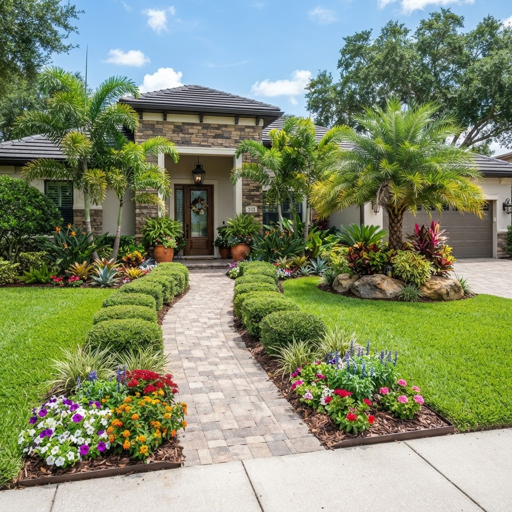 Upgraded Florida home entry with refreshed flower beds