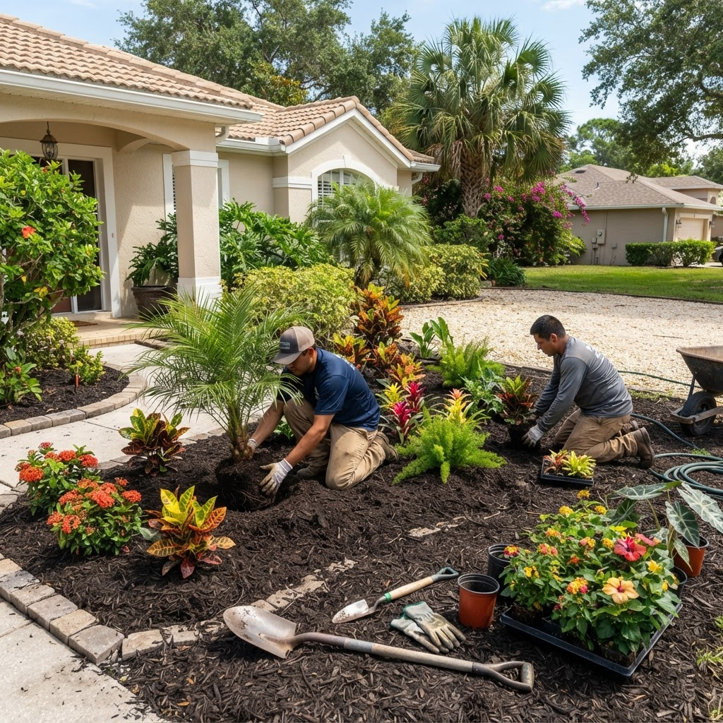 Newly installed Florida landscape with fresh plants and mulch